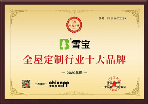 雪寶榮獲 2020年度全屋定制行業十大品牌 殊榮